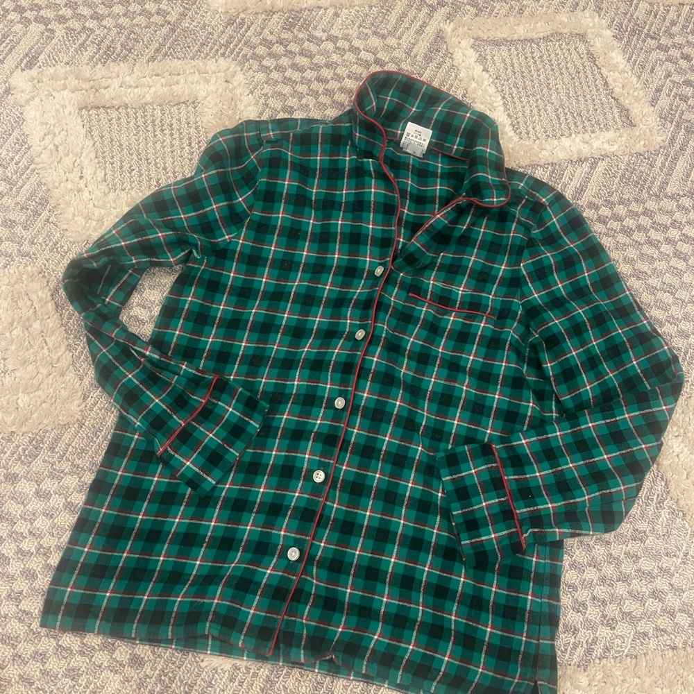 Lands' End Green Red Navy Plaid Holiday Christmas Flannel Pajama Shirt Small
